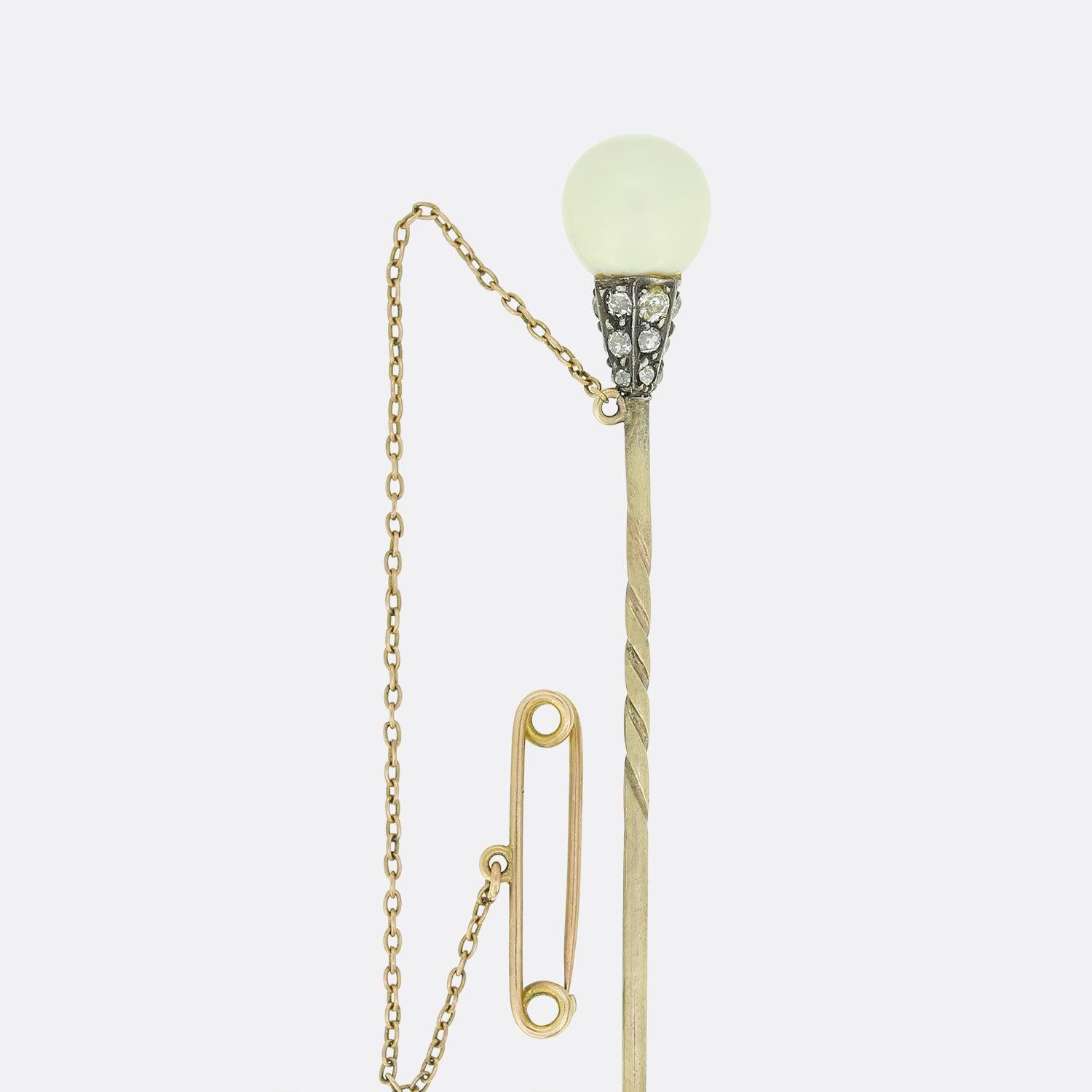 Women's Victorian Diamond and Natural Pearl Stick Pin For Sale