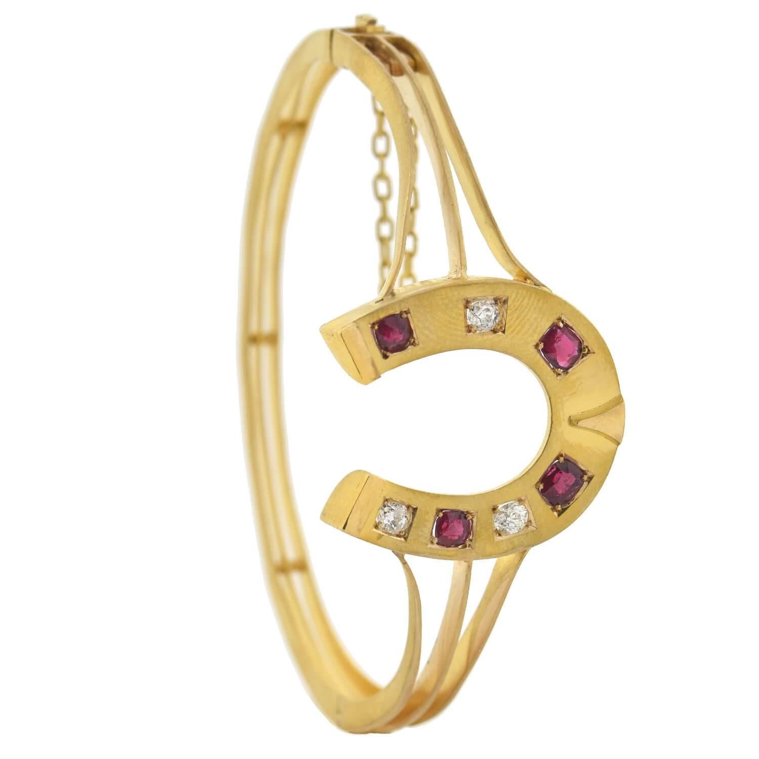 Victorian Diamond and Natural Ruby Horseshoe Bangle Bracelet In Good Condition For Sale In Narberth, PA