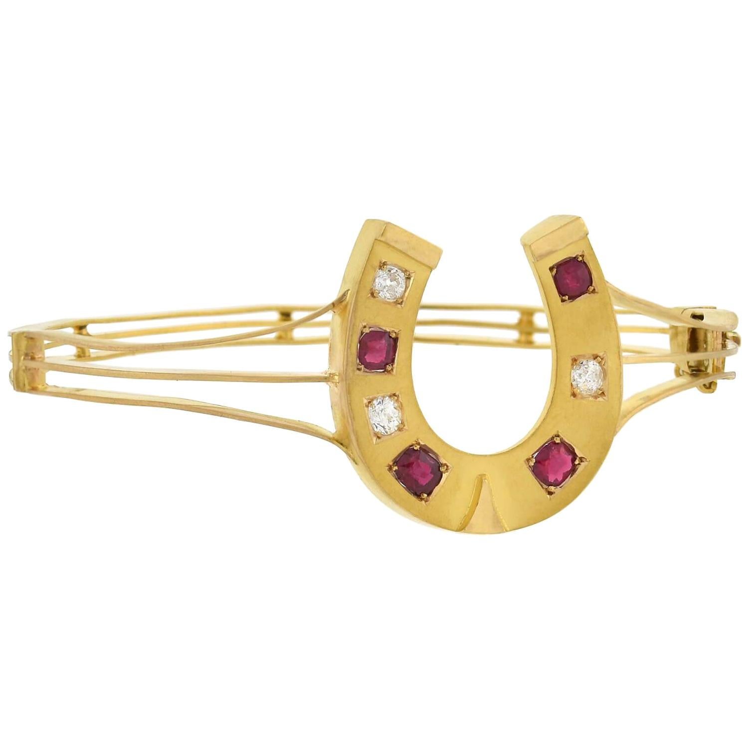 Victorian Diamond and Natural Ruby Horseshoe Bangle Bracelet For Sale