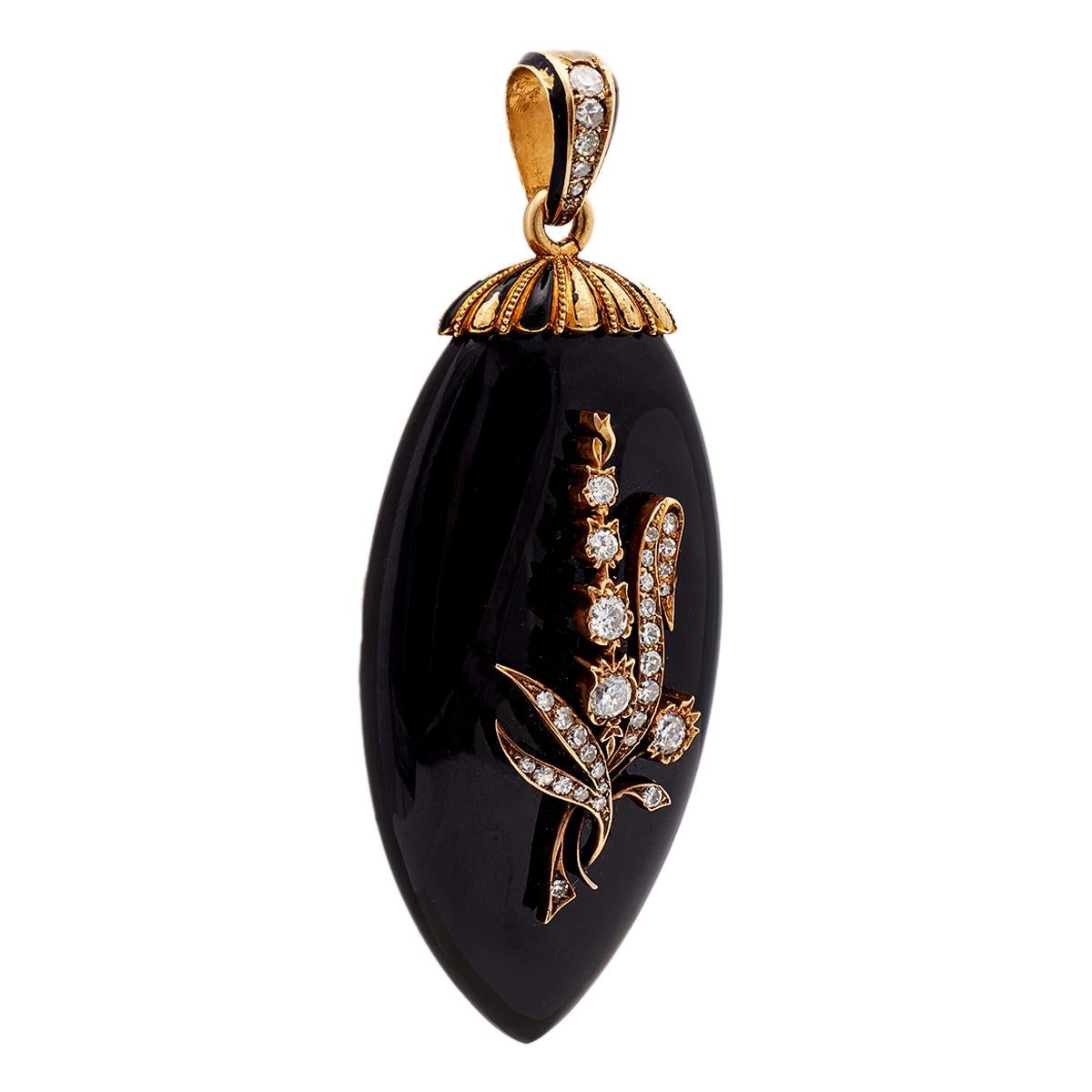 Women's or Men's Victorian Diamond and Onyx 18k Gold Mourning Locket Pendant