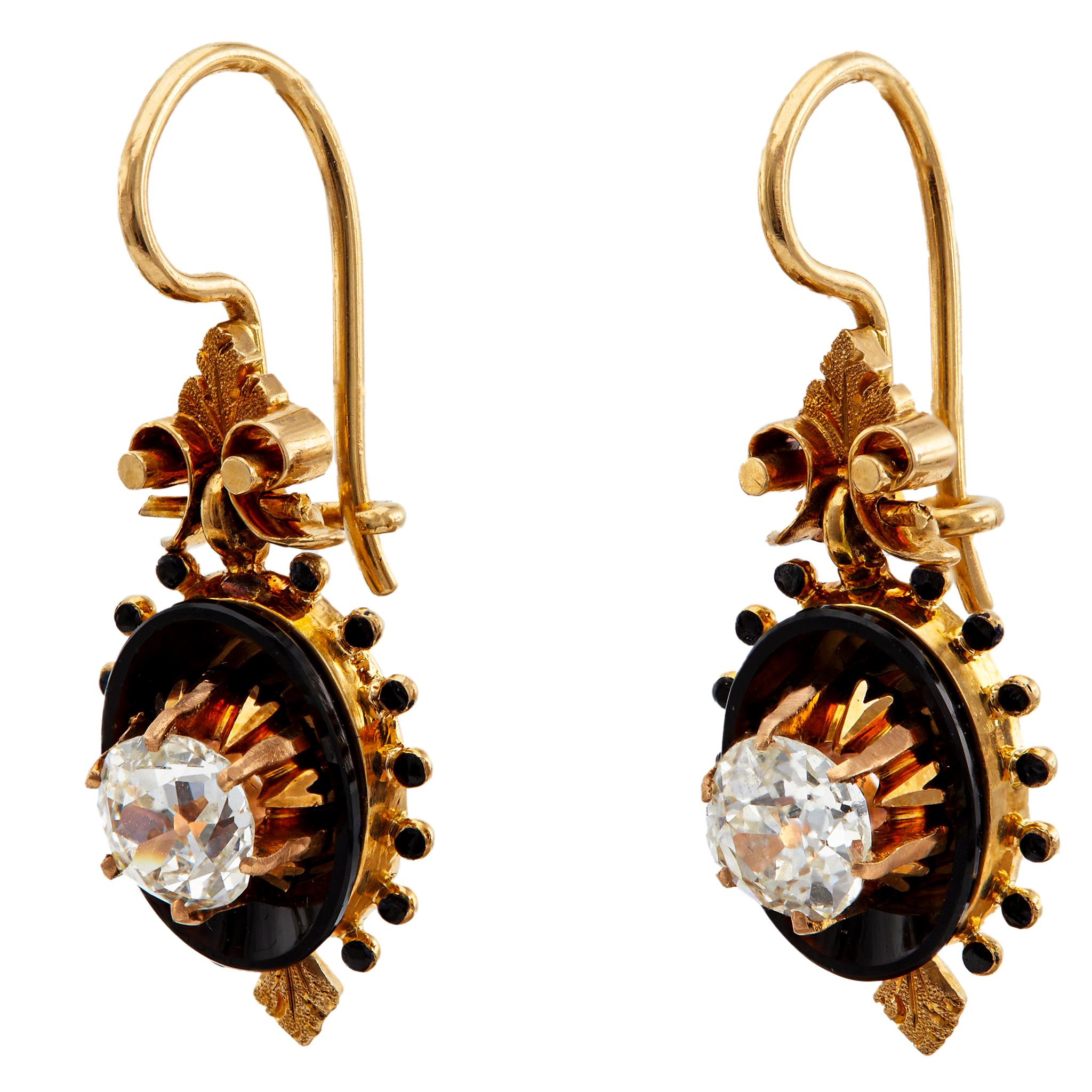 Women's or Men's Victorian Diamond and Onyx Black Enamel 18k Rose Gold Dangle Earrings