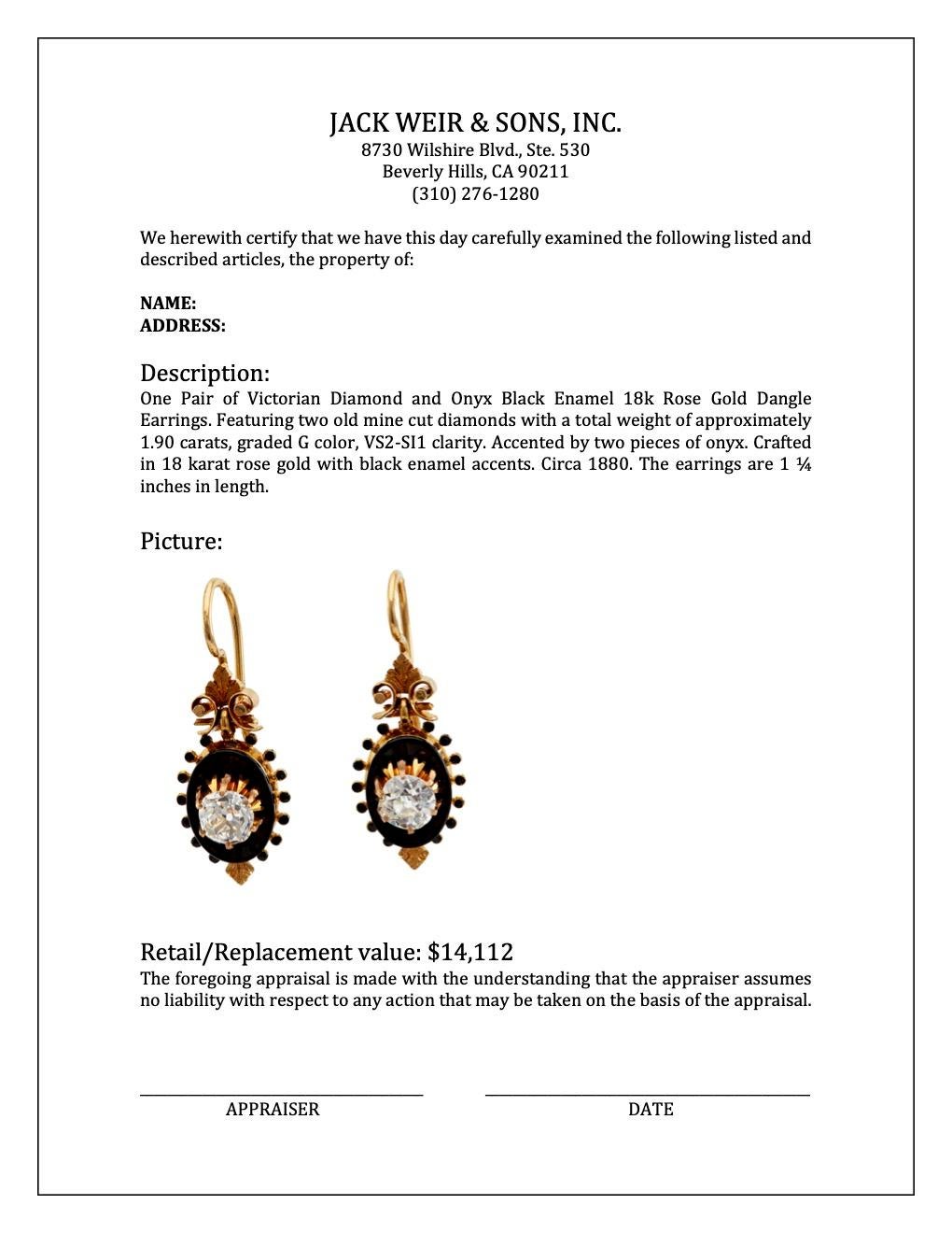 Victorian Diamond and Onyx Black Enamel 18k Rose Gold Dangle Earrings 1