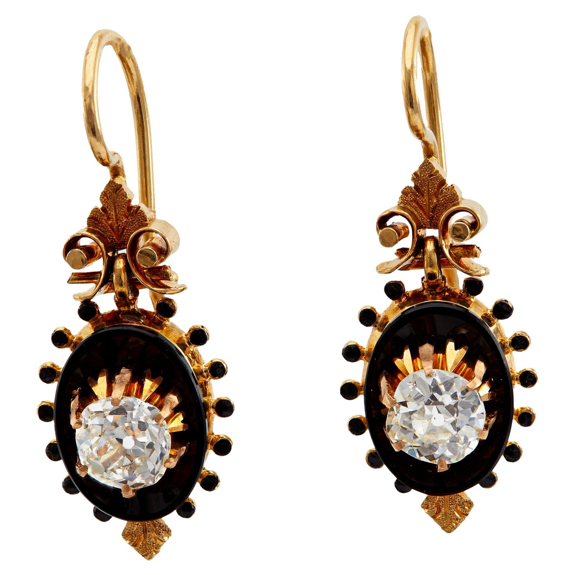 Victorian Diamond and Onyx Black Enamel 18k Rose Gold Dangle Earrings