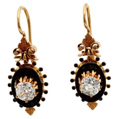 Antique Victorian Diamond and Onyx Black Enamel 18k Rose Gold Dangle Earrings