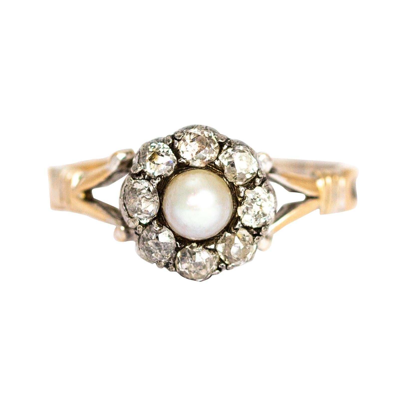 Victorian Diamond and Pearl 9 Carat Cluster Ring at 1stDibs