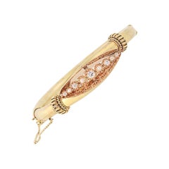 Victorian Diamond and Pearl Bangle Bracelet, 18k Gold Antique Mine Cut .58 Carat
