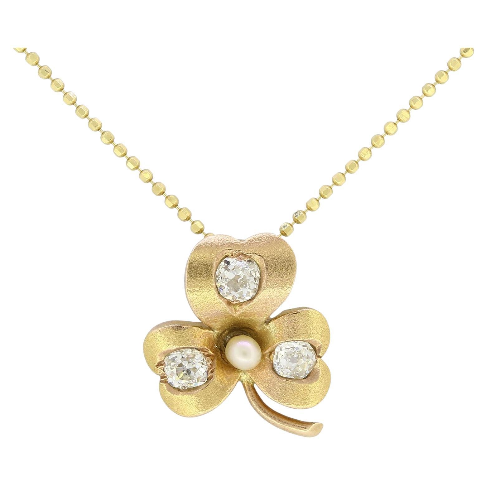 Victorian Diamond and Pearl Clover Necklace