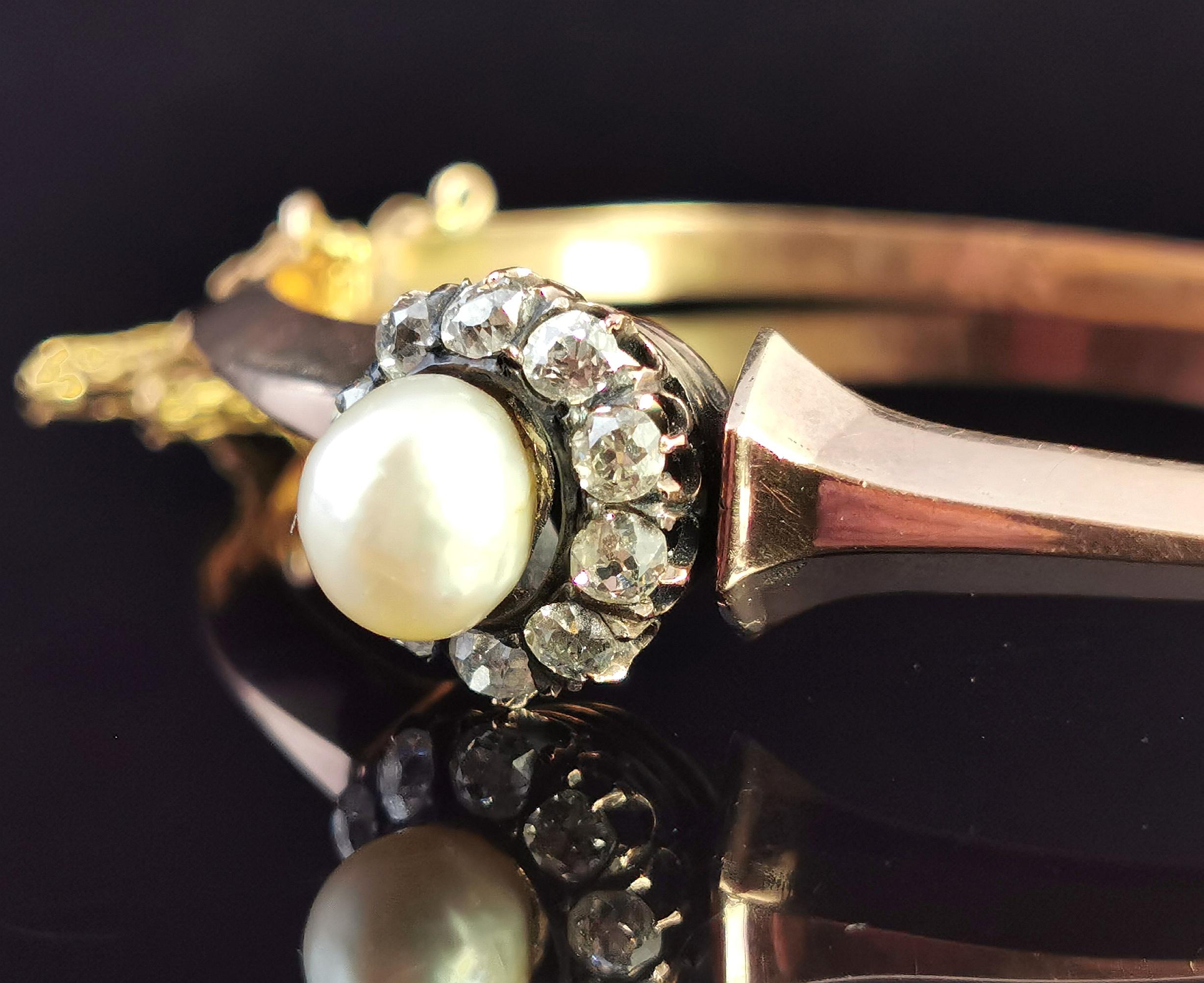 Victorian Diamond and Pearl Cluster Bangle, 18 Karat Rose Gold For Sale 5