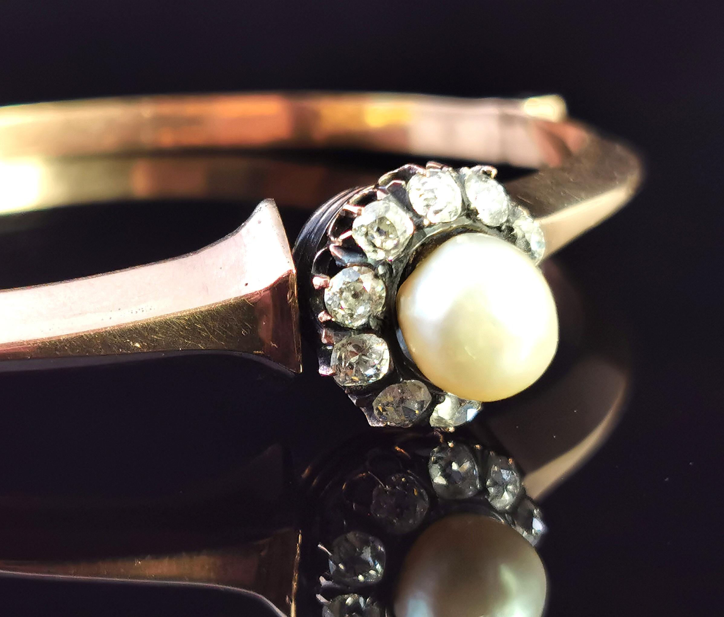 Victorian Diamond and Pearl Cluster Bangle, 18 Karat Rose Gold For Sale 6