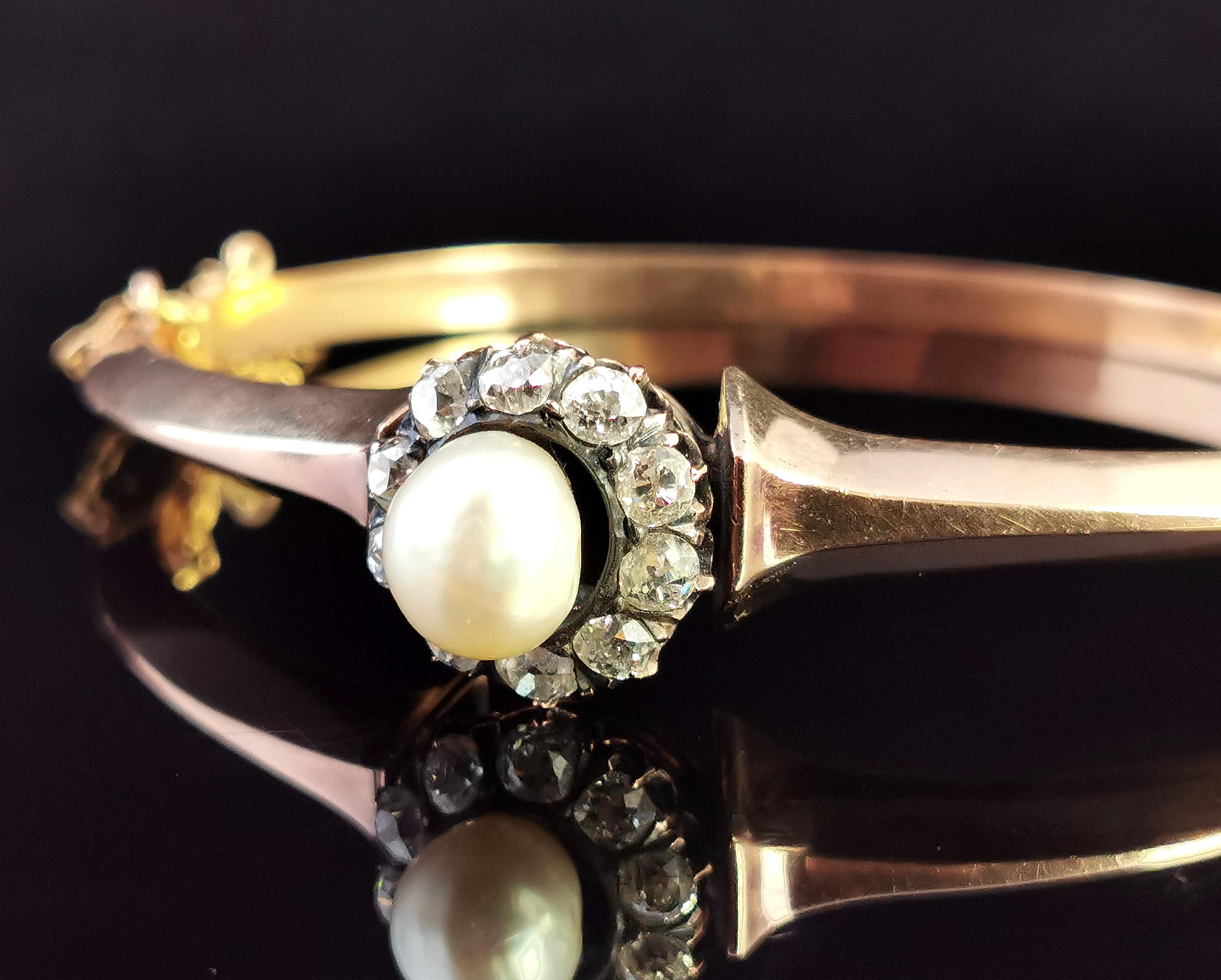 Victorian Diamond and Pearl Cluster Bangle, 18 Karat Rose Gold For Sale 7