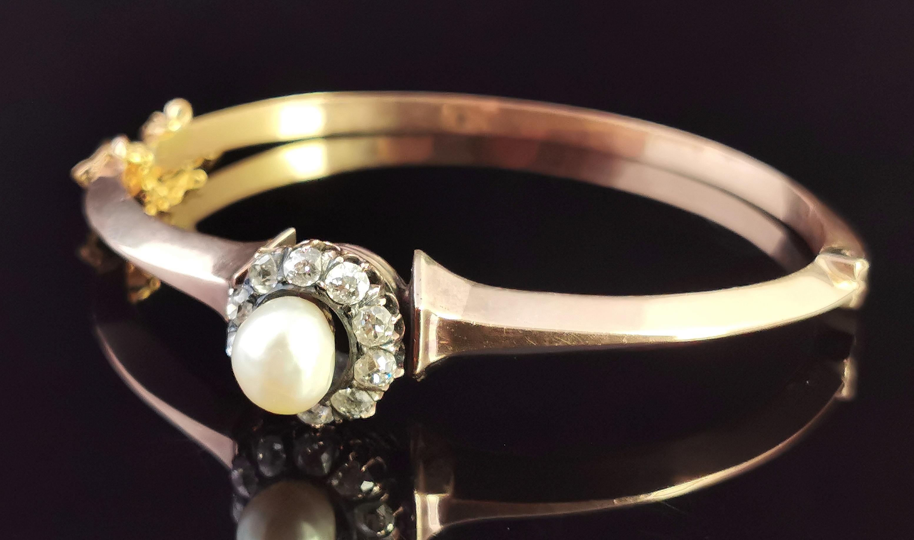 Victorian Diamond and Pearl Cluster Bangle, 18 Karat Rose Gold For Sale 8