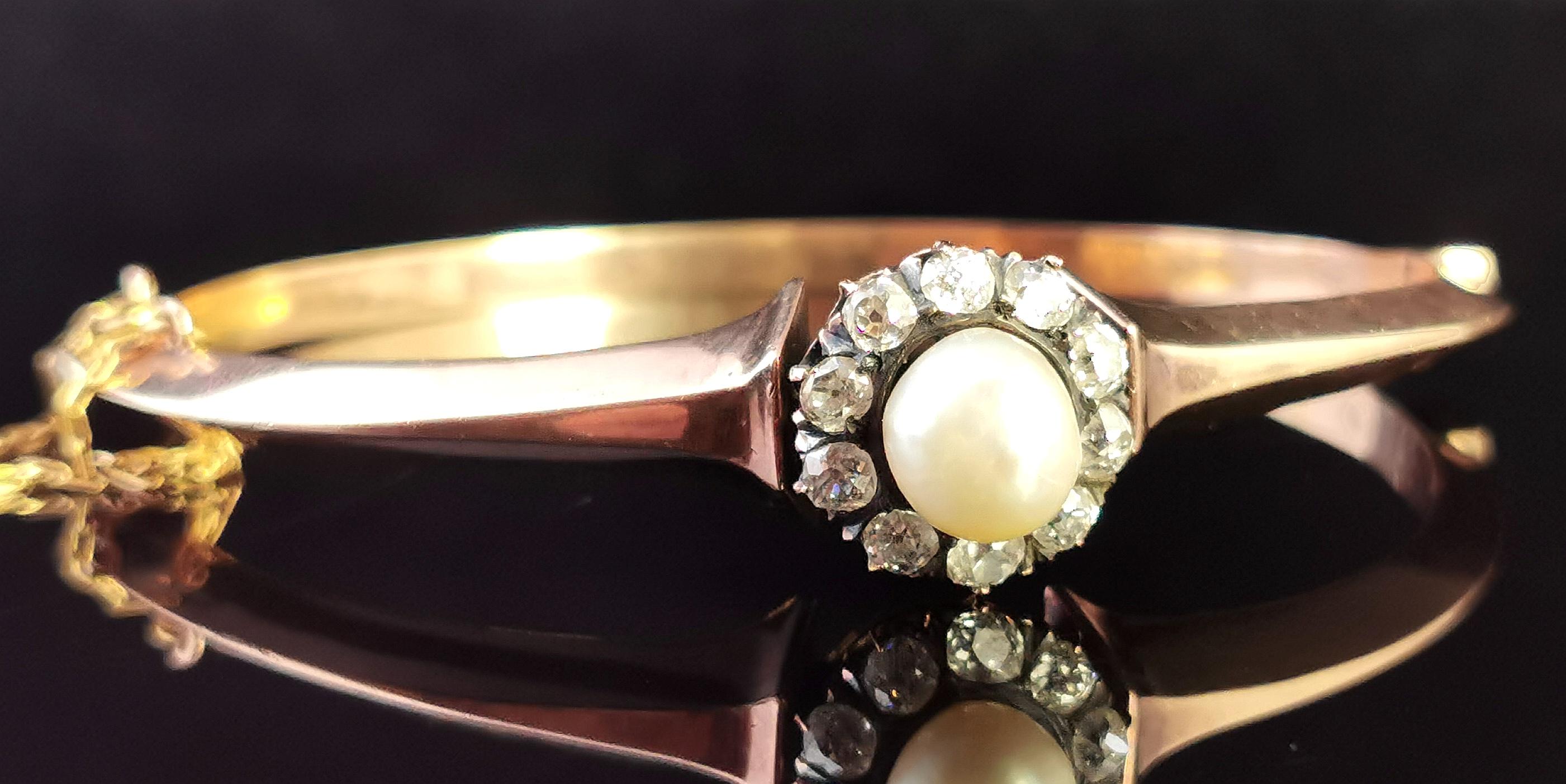 Victorian Diamond and Pearl Cluster Bangle, 18 Karat Rose Gold For Sale 13