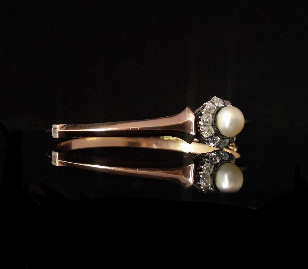 Rose Cut Victorian Diamond and Pearl Cluster Bangle, 18 Karat Rose Gold For Sale