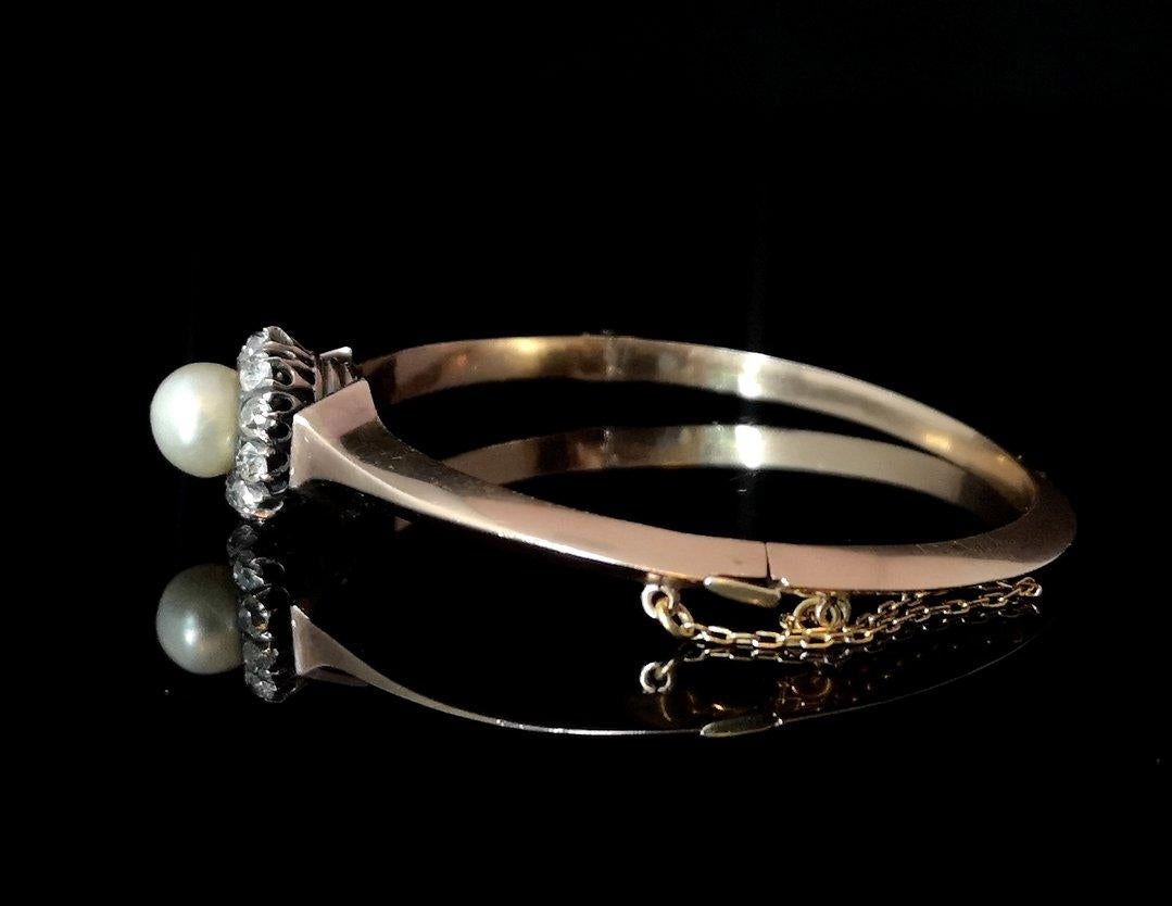 Victorian Diamond and Pearl Cluster Bangle, 18 Karat Rose Gold For Sale 1