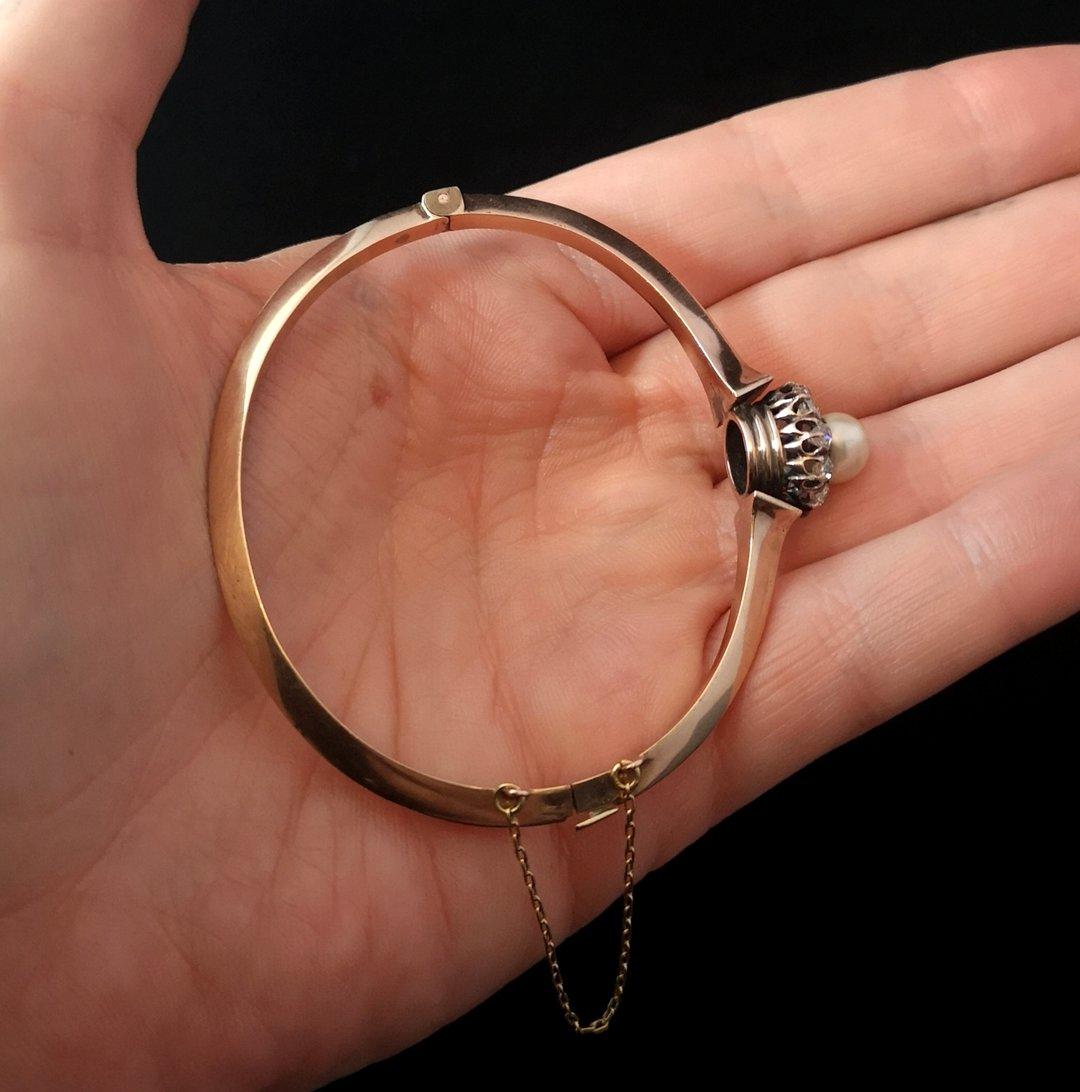 Victorian Diamond and Pearl Cluster Bangle, 18 Karat Rose Gold For Sale 2