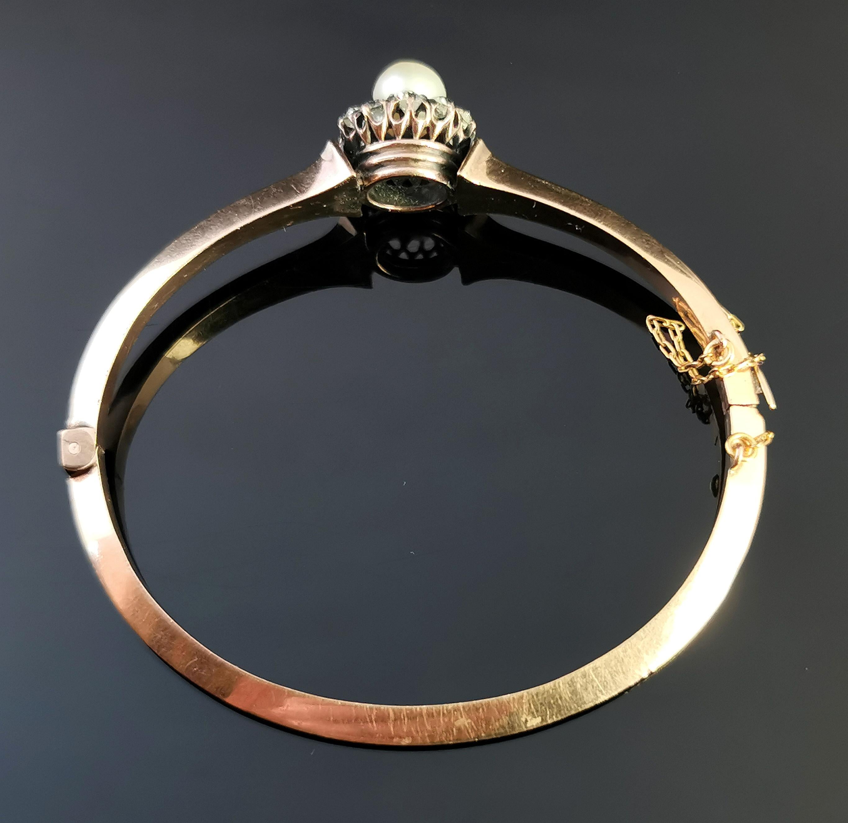 Victorian Diamond and Pearl Cluster Bangle, 18 Karat Rose Gold For Sale 3