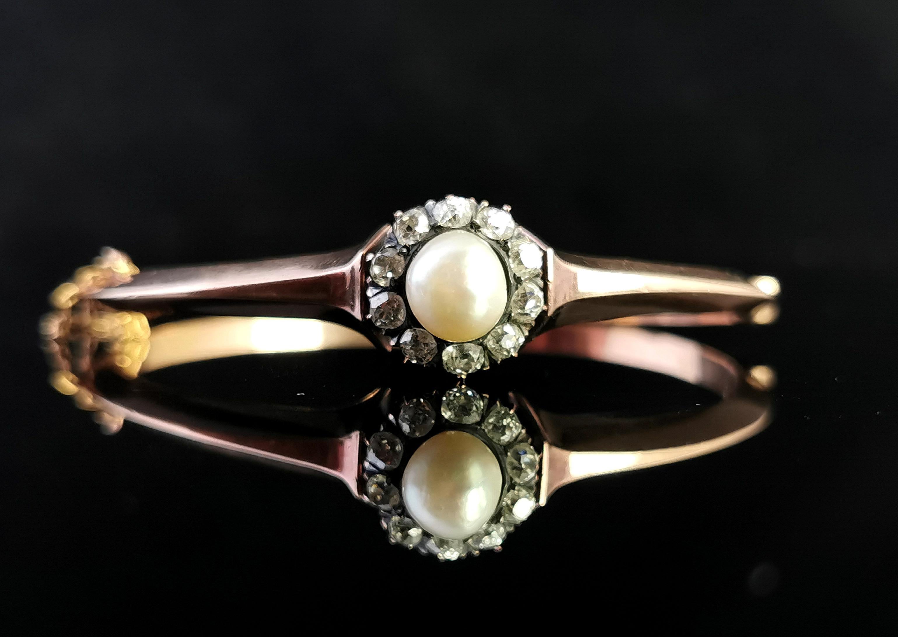 Victorian Diamond and Pearl Cluster Bangle, 18 Karat Rose Gold For Sale 4