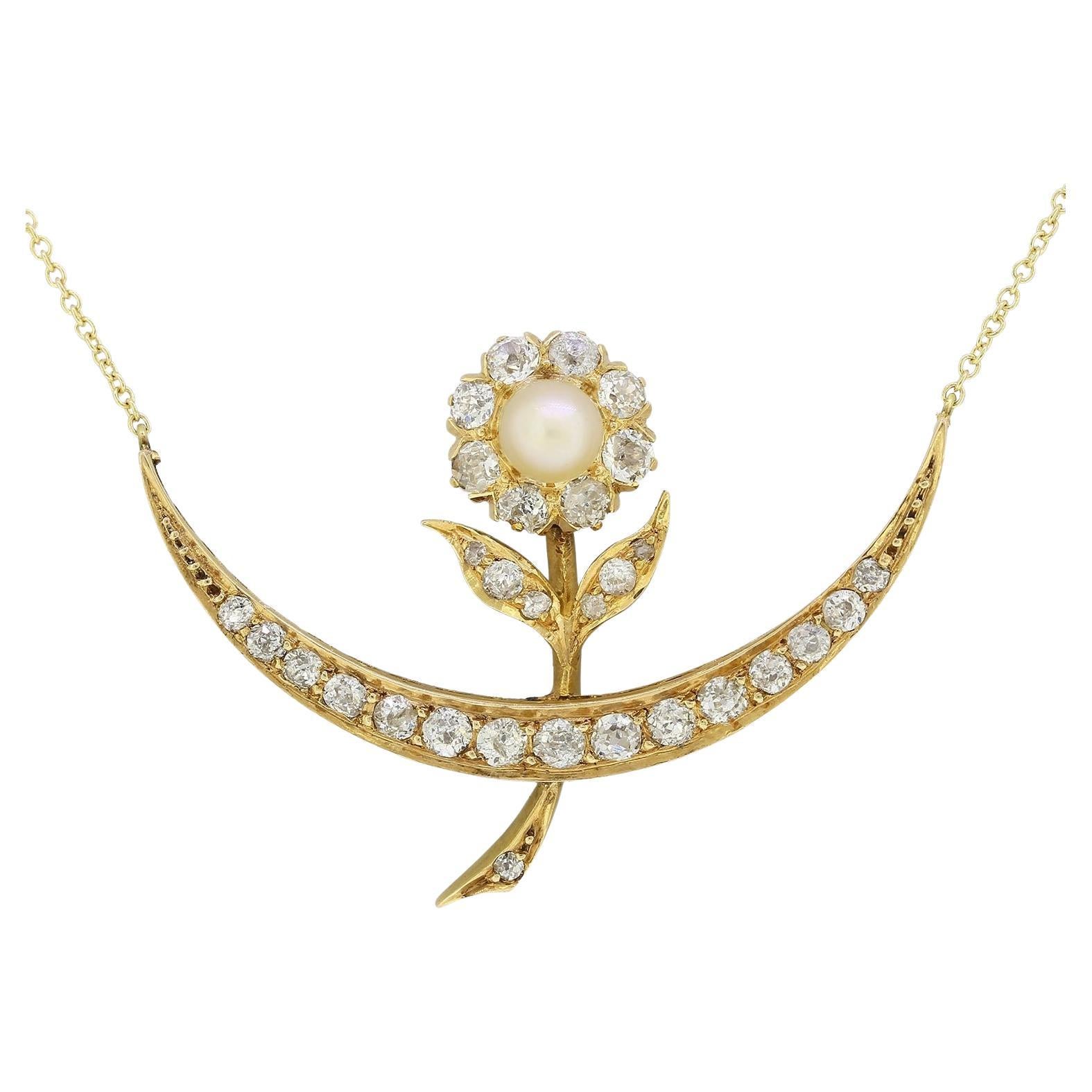 Victorian Diamond and Pearl Crescent Moon Necklace