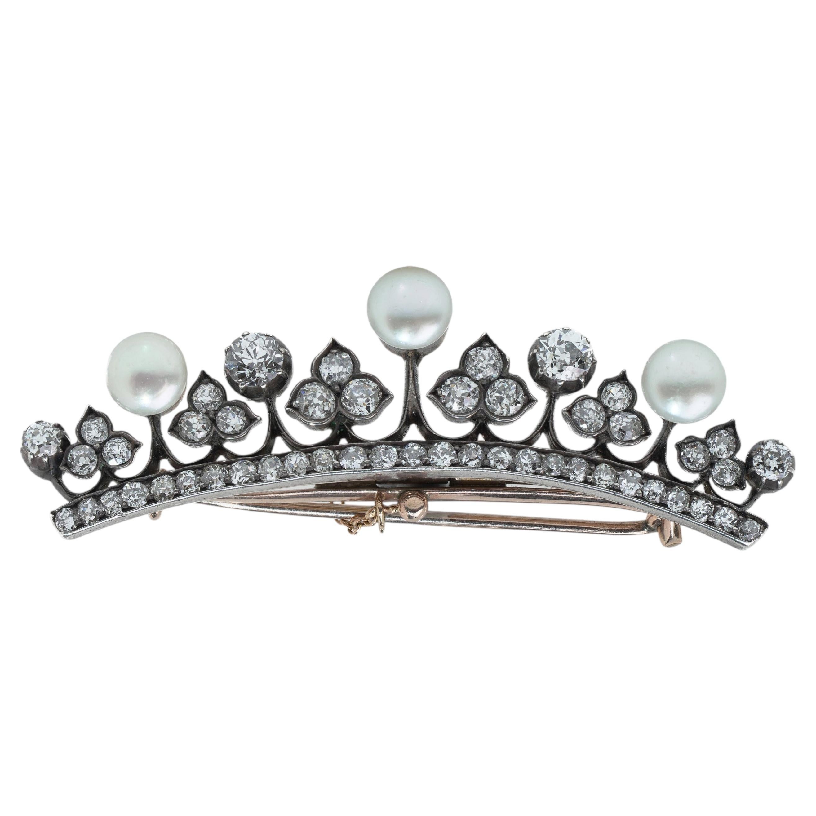 Victorian Diamond and Pearl Crown Brooch in 9KT Gold and Silver, Circa 1880s