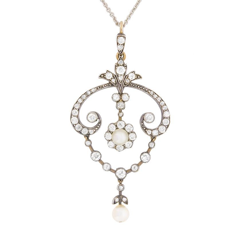 Victorian Diamond and Pearl Drop Pendant, circa 1880s