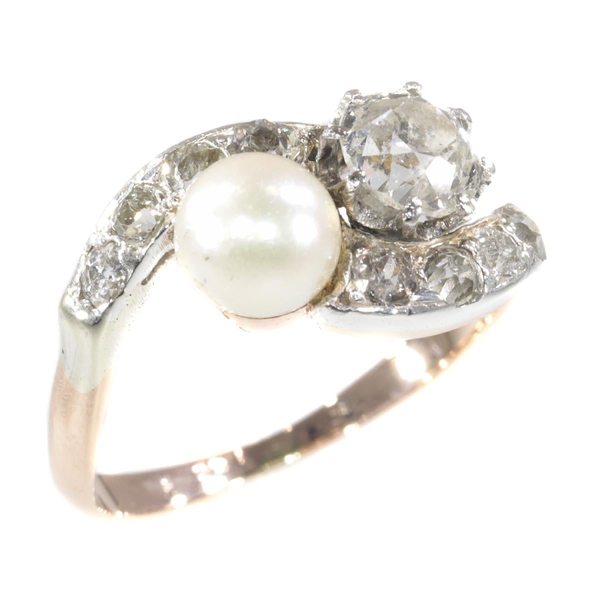 Victorian Diamond and Pearl Engagement Ring So-Called Romantic Toi et Moi For Sale 4