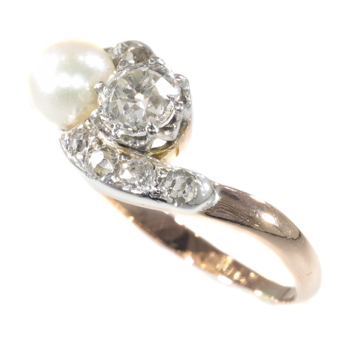 Women's Victorian Diamond and Pearl Engagement Ring So-Called Romantic Toi et Moi For Sale