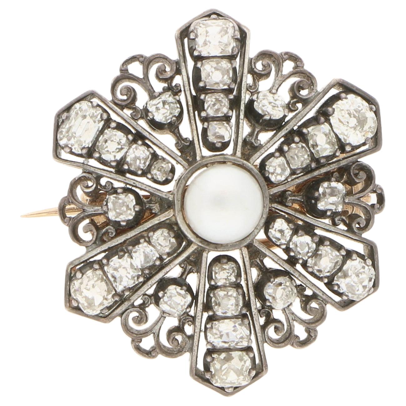 Victorian Diamond and Pearl Floral Star Brooch in Silver on Gold