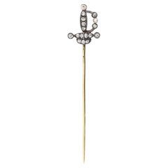 Victorian Diamond and Pearl French Sword Pin, c.1880s