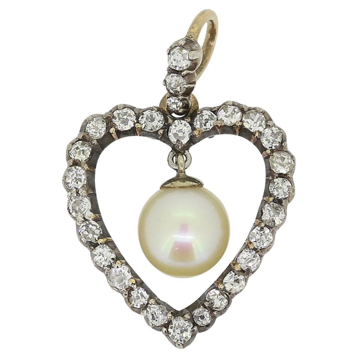 Pendentif victorien en forme de cœur avec diamants et perles