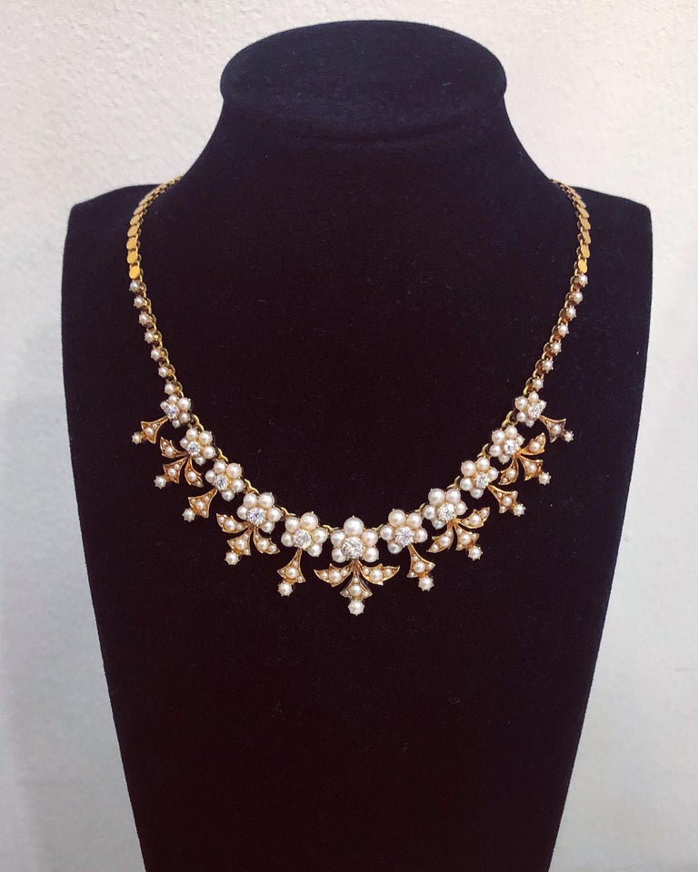 Victorian Diamond and Pearl Necklace, circa 1860s at 1stDibs