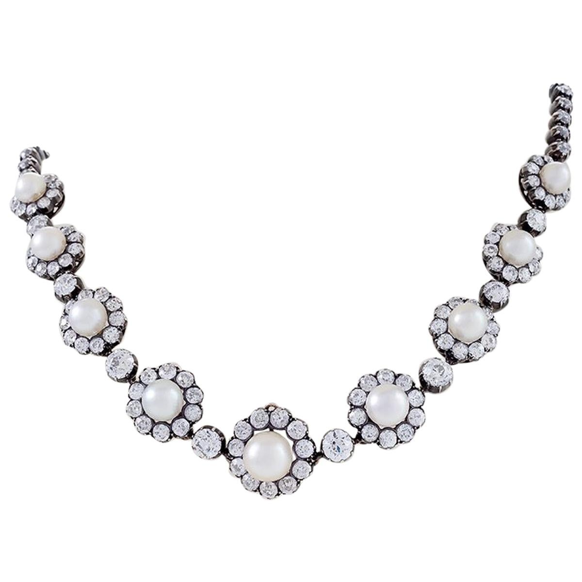 Natural Saltwater Pearl and Diamond Silver-Topped Gold Necklace 