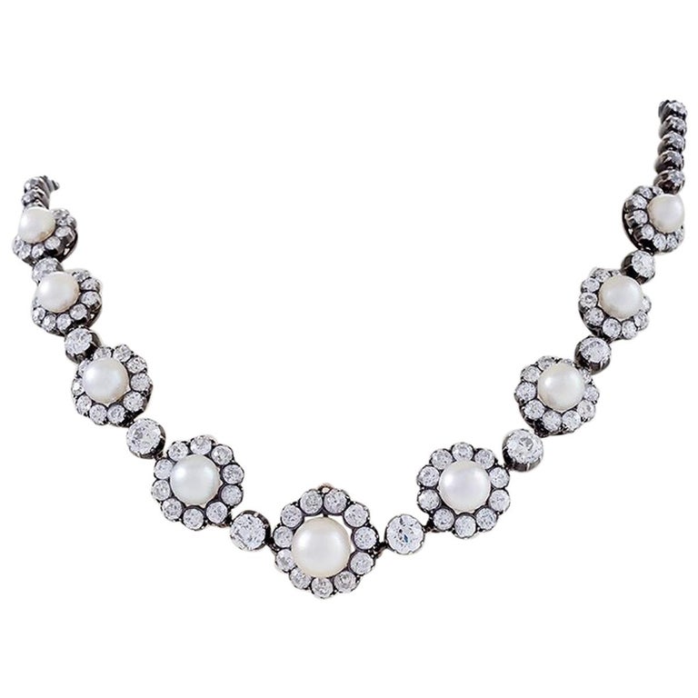 Victorian Diamond and Pearl Necklace For Sale at 1stdibs