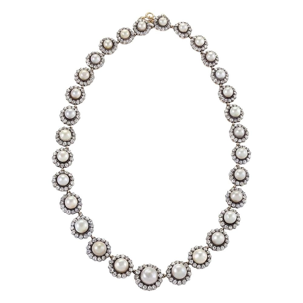 Natural Saltwater Button Pearl and Diamond Necklace 