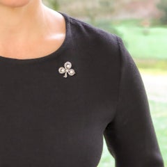 Victorian Diamond and Pearl Three-Leaf Clover Brooch in Silver on Gold