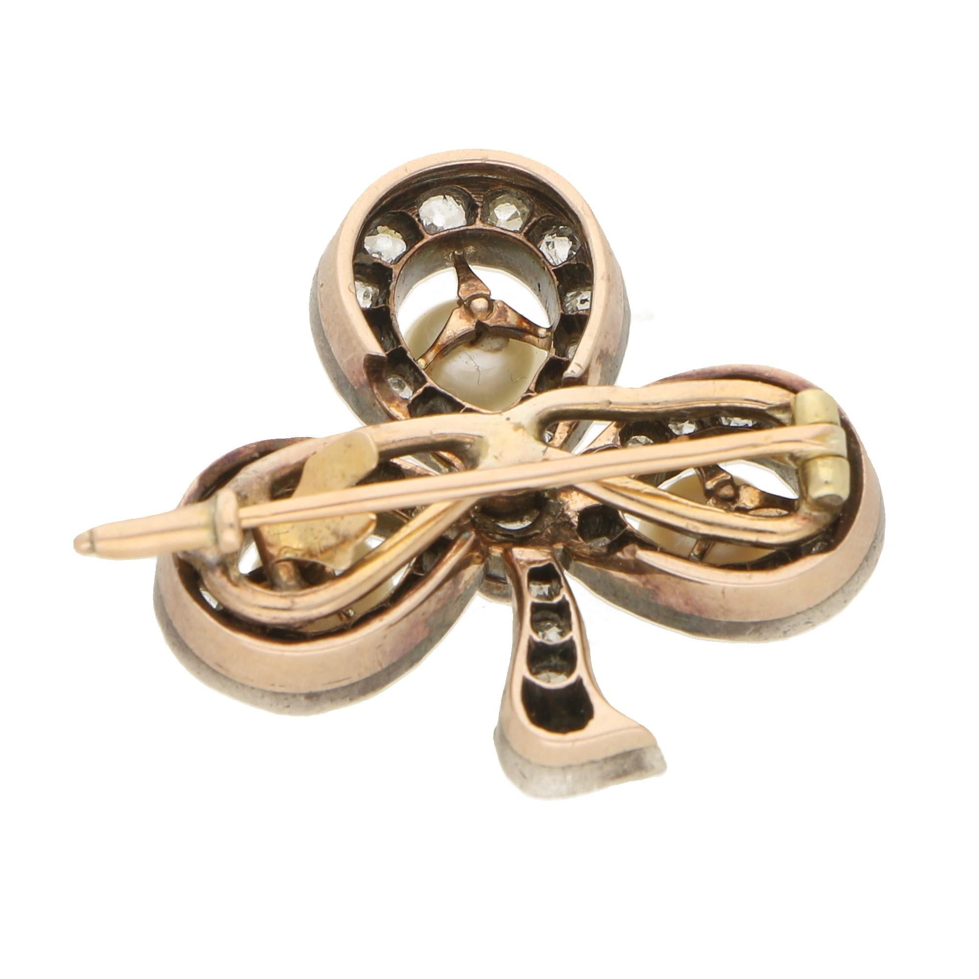 Women's or Men's Victorian Diamond and Pearl Three-Leaf Clover Brooch in Silver on Gold