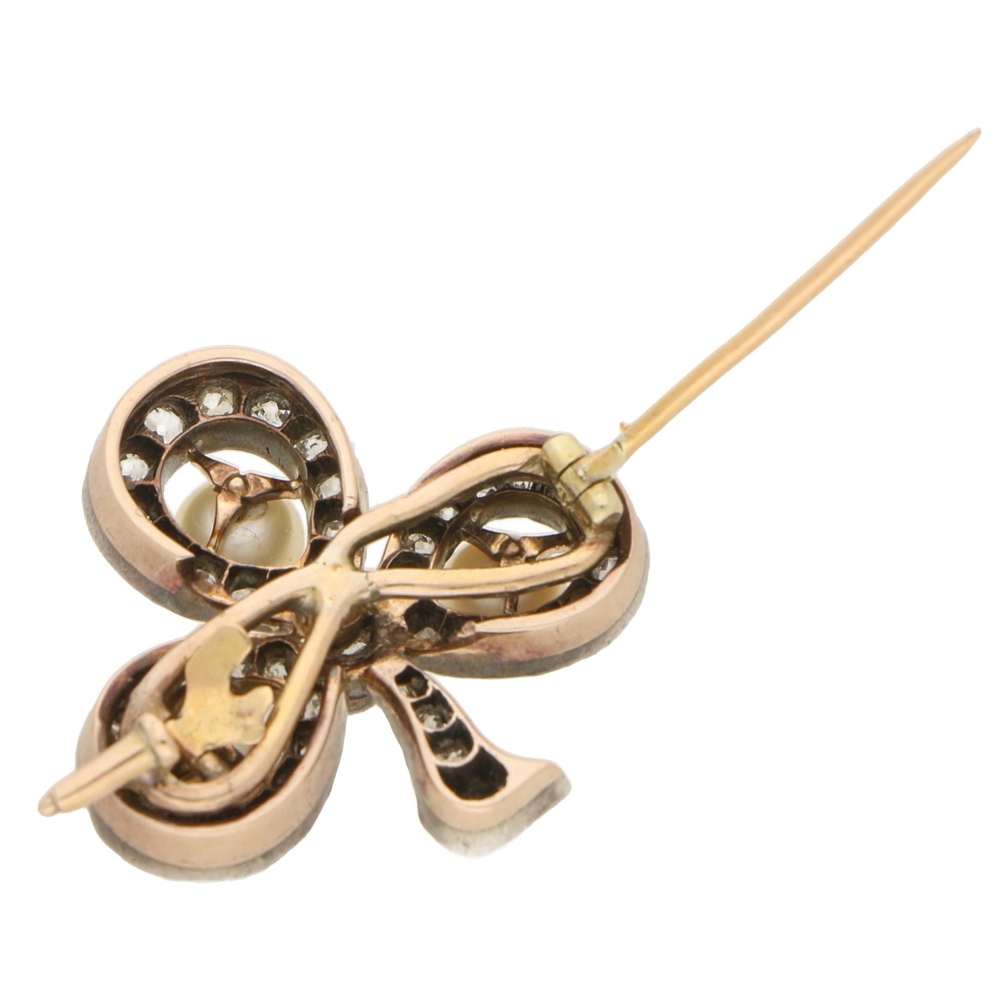 Victorian Diamond and Pearl Three-Leaf Clover Brooch in Silver on Gold 1