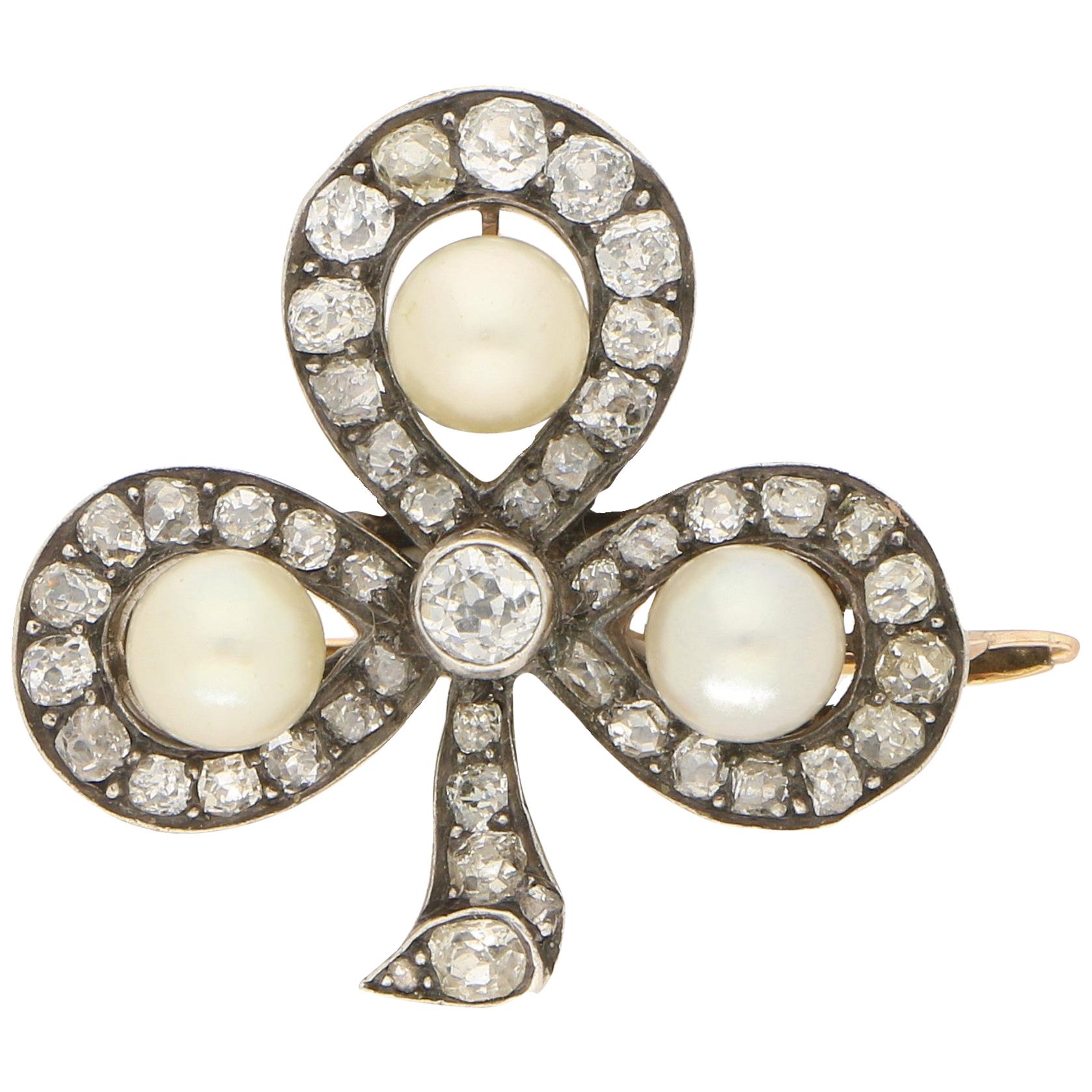 Victorian Diamond and Pearl Three-Leaf Clover Brooch in Silver on Gold