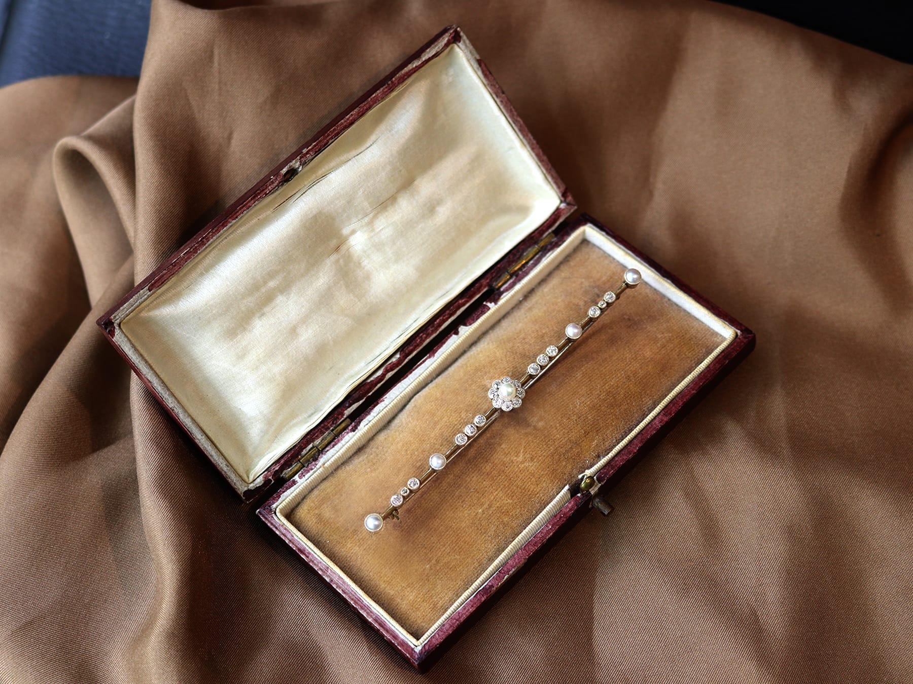 Old European Cut Victorian Diamond and Pearl Yellow Gold Bar Brooch For Sale