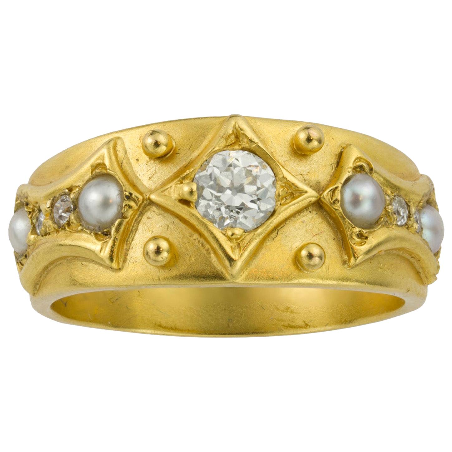 Victorian Diamond and Pearl Yellow Gold Ring