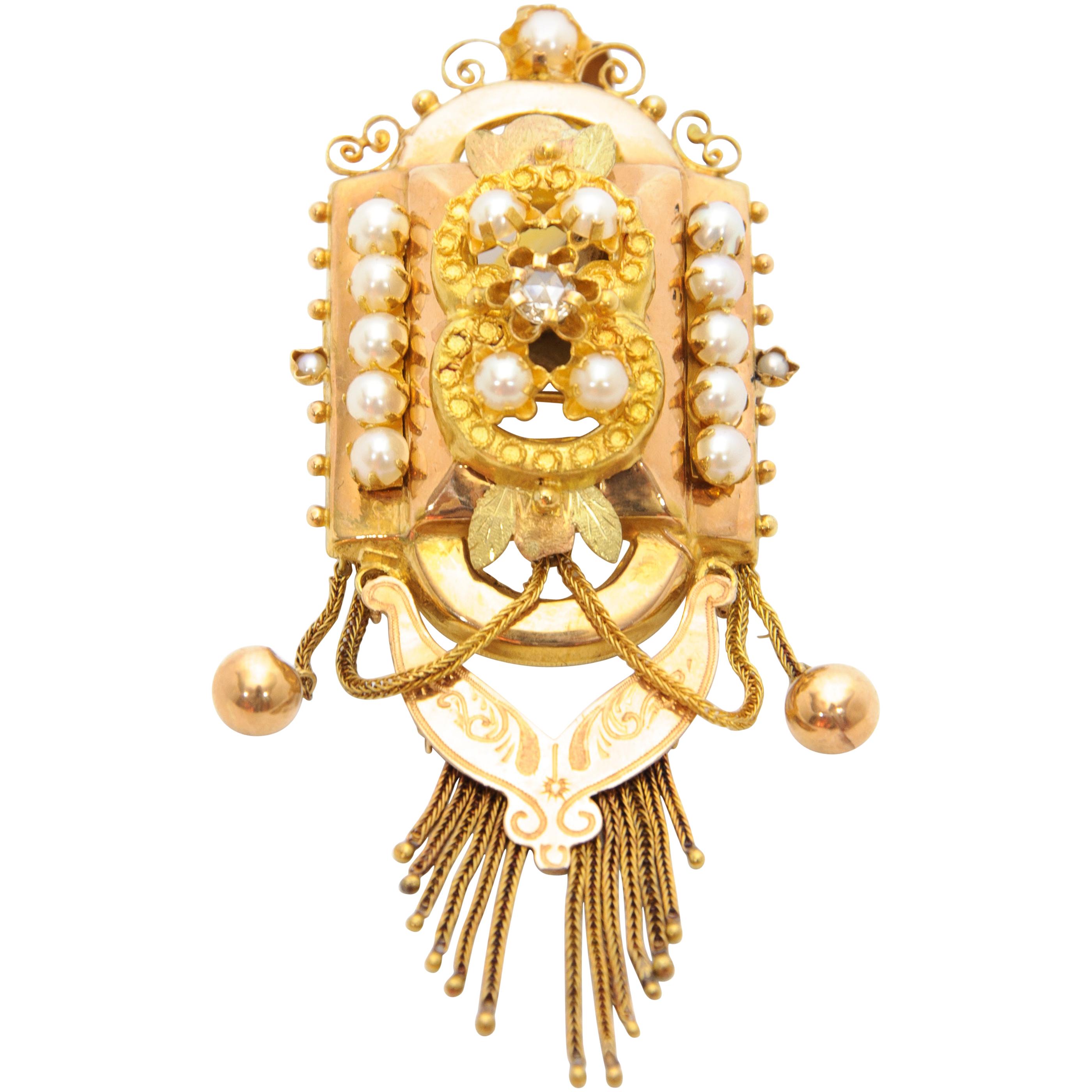 Antique 14K Yellow Gold Seed Pearl Tassel Pendant For Sale