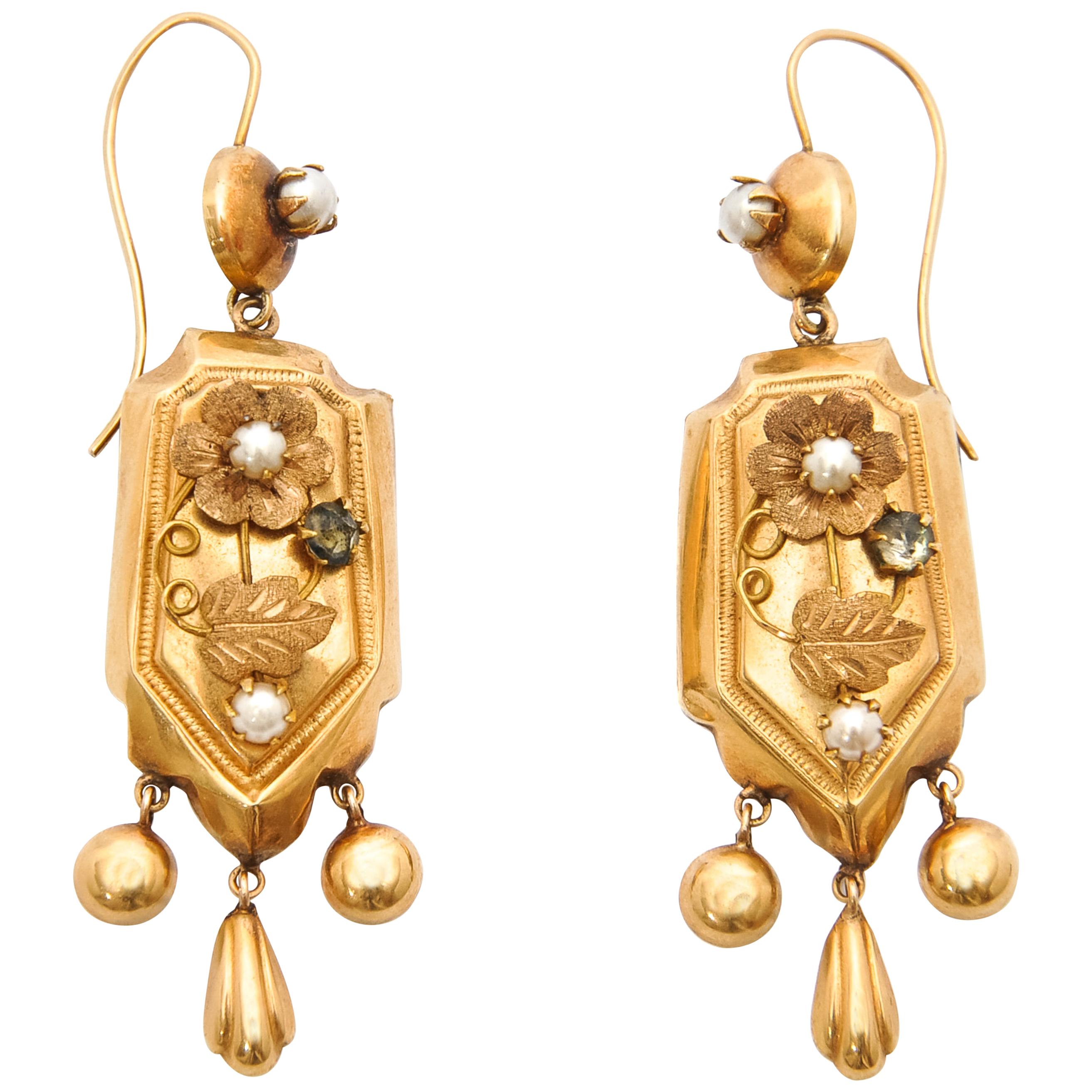 18 Karat Yellow Gold Diamond Pearl Dangle Earrings