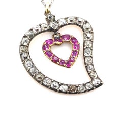 Victorian Diamond and Ruby 'Beggars Heart' Silver and Yellow Gold Pendant