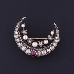 Victorian Diamond and Ruby Crescent Moon Brooch in Box