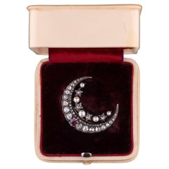 Victorian Diamond and Ruby Crescent Moon Brooch in Box