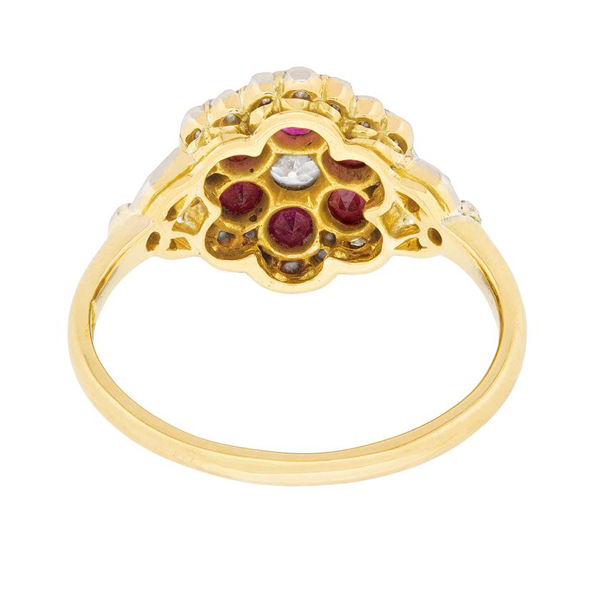 Old Mine Cut Victorian Diamond and Ruby Daisy Cluster Ring, circa 1880s For Sale