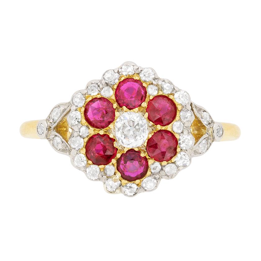 Victorian Diamond and Ruby Daisy Cluster Ring, circa 1880s For Sale
