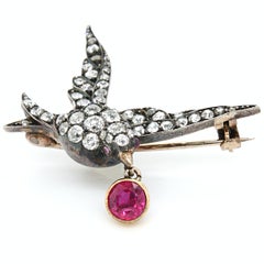 Victorian Diamond and Ruby Dove Brooch, circa 1880s