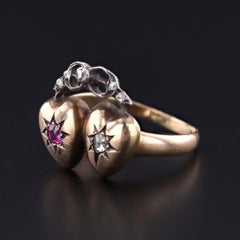 Victorian Diamond and Ruby Heart Ring of 14k Gold