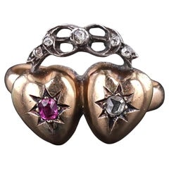 Victorian Diamond and Ruby Heart Ring of 14k Gold