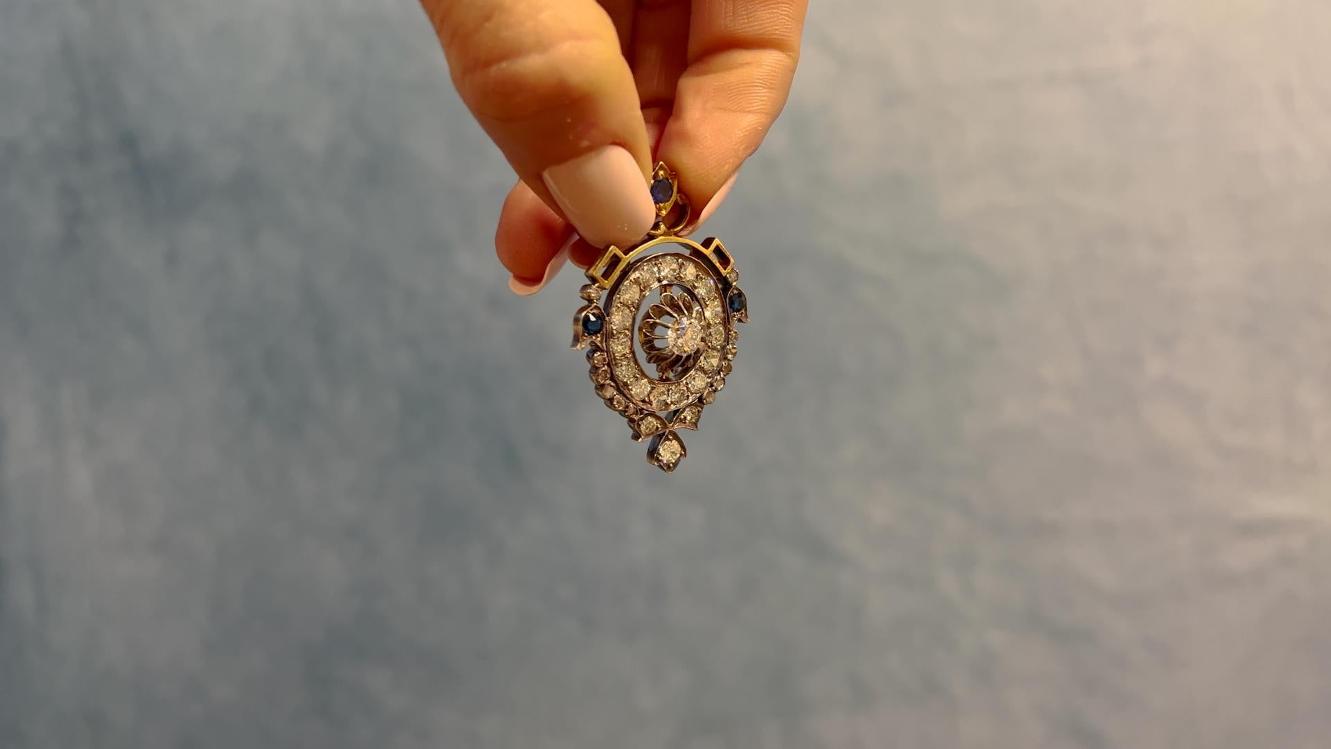 Old European Cut Victorian Diamond and Sapphire 18k Yellow Gold Silver Pendant